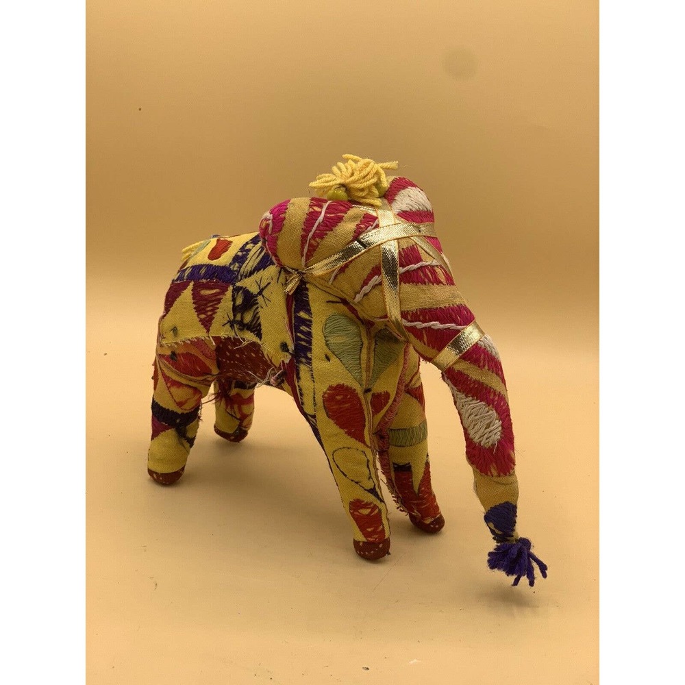 Vintage Hand Made Anglo Raj Stuffed Embroidered Fabric Elephant India Folk Art